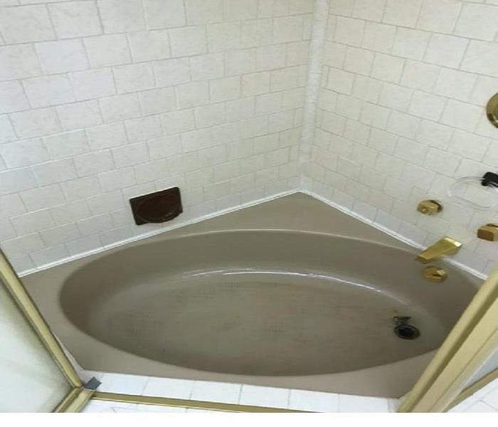 Tan colored bathtub bath is cleaned, deoderized of our services. 