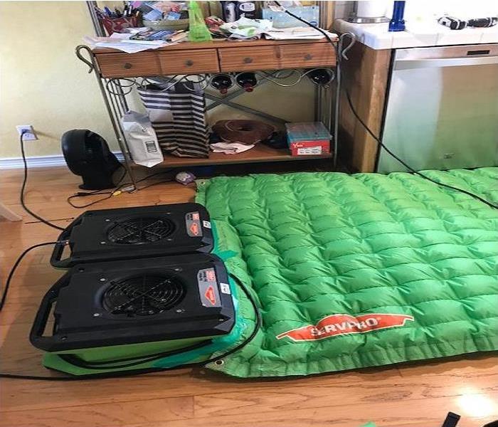 Green SERVPRO drying mat laid on the floor of the kitchen.